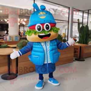 Blue Burgers mascot costume character dressed with a Windbreaker and Headbands