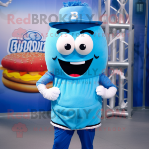 Blue Burgers mascot costume character dressed with a Windbreaker and Headbands