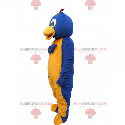 Blue and yellow penguin mascot with a cap and a bow -