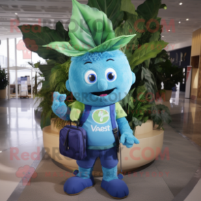 Blue Beanstalk mascot costume character dressed with a V-Neck Tee and Backpacks