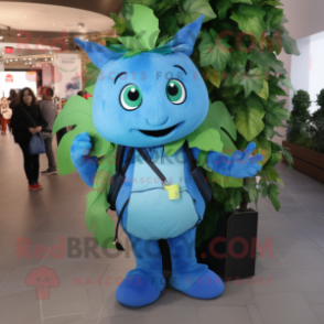 Blue Beanstalk mascot costume character dressed with a V-Neck Tee and Backpacks