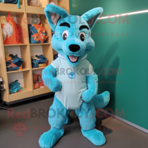 Cyan Dingo mascot costume character dressed with a Culottes and Cummerbunds