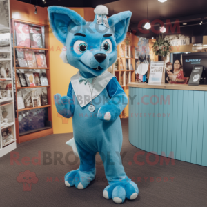 Cyan Dingo mascot costume character dressed with a Culottes and Cummerbunds