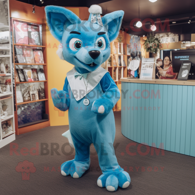 Cyan Dingo mascot costume character dressed with a Culottes and Cummerbunds Cyan Dingo mascot costume character dressed with a Culottes and Cummerbunds