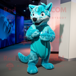 Cyan Dingo mascot costume character dressed with a Culottes and Cummerbunds