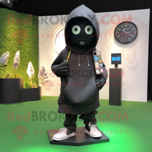 Black Golf Bag mascot costume character dressed with a Hoodie and Smartwatches