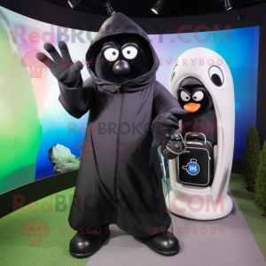 Black Golf Bag mascot costume character dressed with a Hoodie and Smartwatches