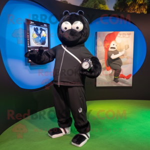 Black Golf Bag mascot costume character dressed with a Hoodie and Smartwatches