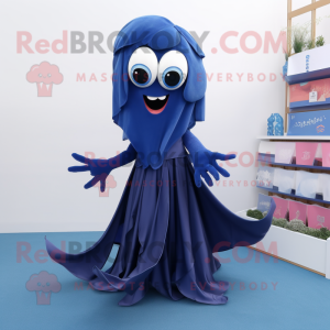 Navy Squid mascot costume character dressed with a Pleated Skirt and Scarves