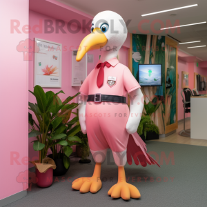 Pink Albatross mascot costume character dressed with a Dress Pants and Hair clips