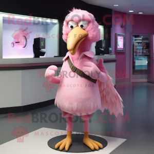 Pink Albatross mascot costume character dressed with a Dress Pants and Hair clips