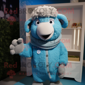 Sky Blue Merino Sheep mascot costume character dressed with a Sweater and Mittens