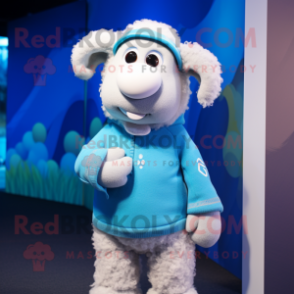 Sky Blue Merino Sheep mascot costume character dressed with a Sweater and Mittens