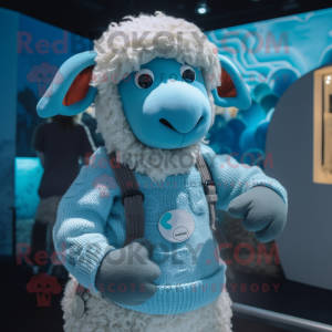 Sky Blue Merino Sheep mascot costume character dressed with a Sweater and Mittens
