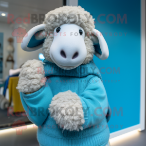 Sky Blue Merino Sheep mascot costume character dressed with a Sweater and Mittens