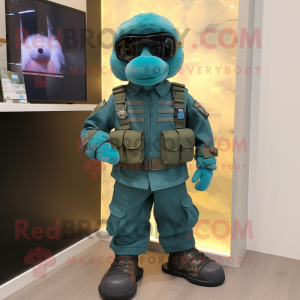 Teal Para Commando mascot costume character dressed with a Romper and Pocket squares