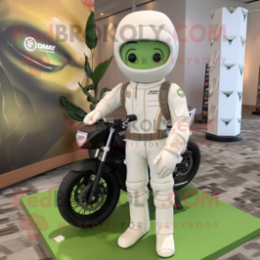 Olive Wedding Cake mascot costume character dressed with a Moto Jacket and Backpacks