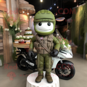 Olive Wedding Cake mascot costume character dressed with a Moto Jacket and Backpacks