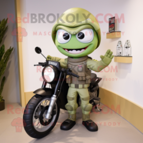 Olive Wedding Cake mascot costume character dressed with a Moto Jacket and Backpacks