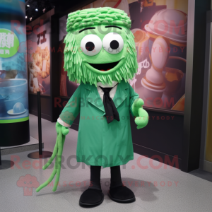 Green Ramen mascot costume character dressed with a Coat and Tie pins