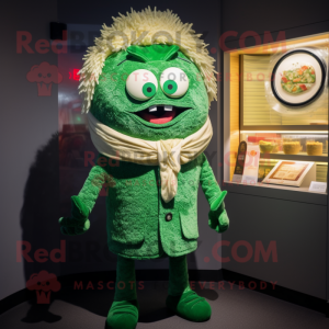 Green Ramen mascot costume character dressed with a Coat and Tie pins