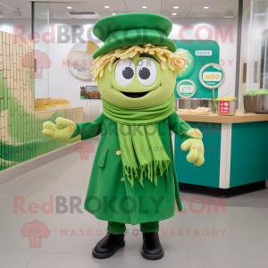 Green Ramen mascot costume character dressed with a Coat and Tie pins