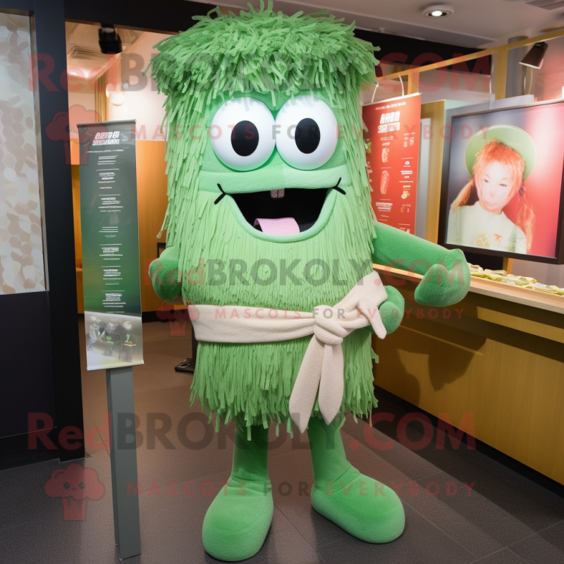 Green Ramen mascot costume character dressed with a Coat and Tie pins