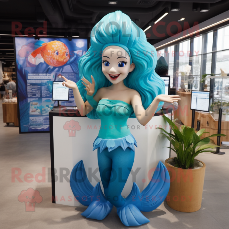 Cyan Mermaid mascot costume character dressed with a Swimwear and Hairpins