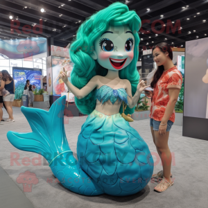 Cyan Mermaid mascot costume character dressed with a Swimwear and Hairpins