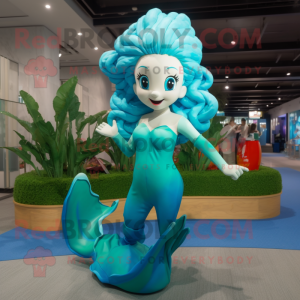 Cyan Mermaid mascot costume character dressed with a Swimwear and Hairpins