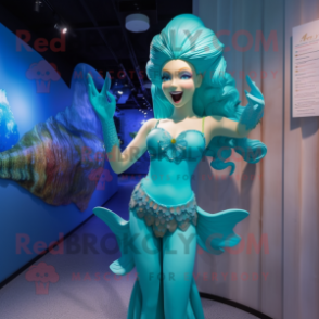 Cyan Mermaid mascot costume character dressed with a Swimwear and Hairpins