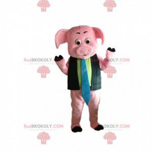 Rosa Schweinemaskottchen mit einem Hemd und einer Krawatte -