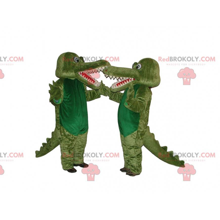 Grön krokodilmaskotduo. Krokodildräkt - Redbrokoly.com Grön krokodilmaskotduo. Krokodildräkt - Redbrokoly.com