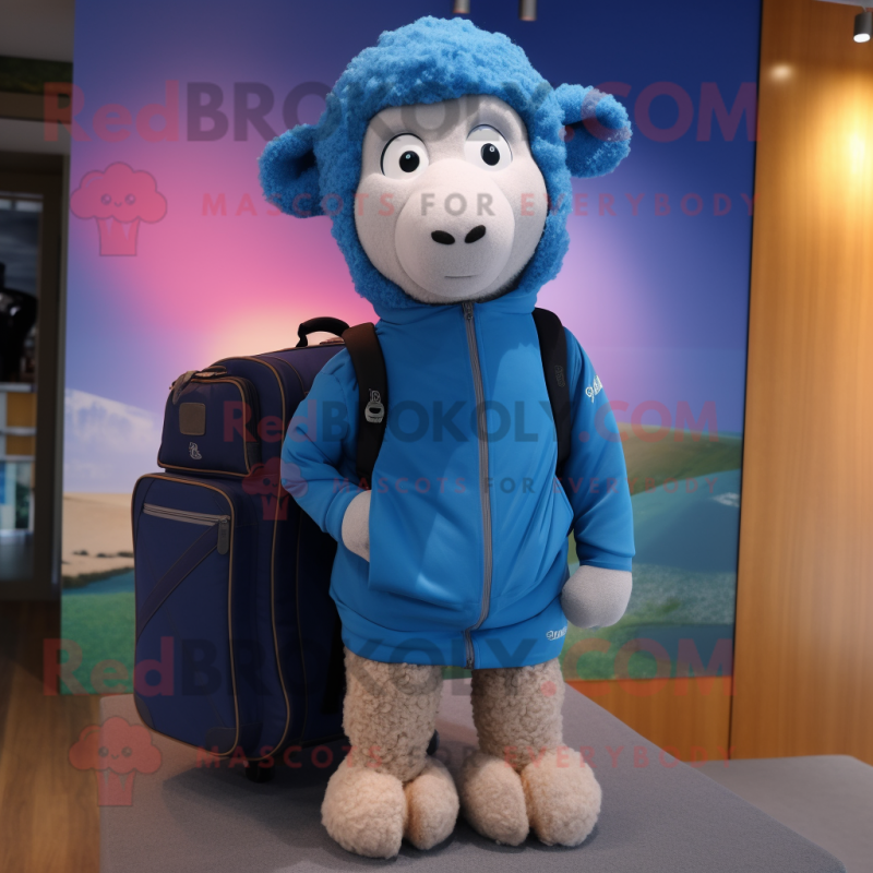 Blue Merino Sheep mascot costume character dressed with a Windbreaker and Briefcases