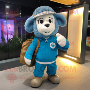 Blue Merino Sheep mascot costume character dressed with a Windbreaker and Briefcases