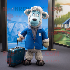 Blue Merino Sheep mascot costume character dressed with a Windbreaker and Briefcases
