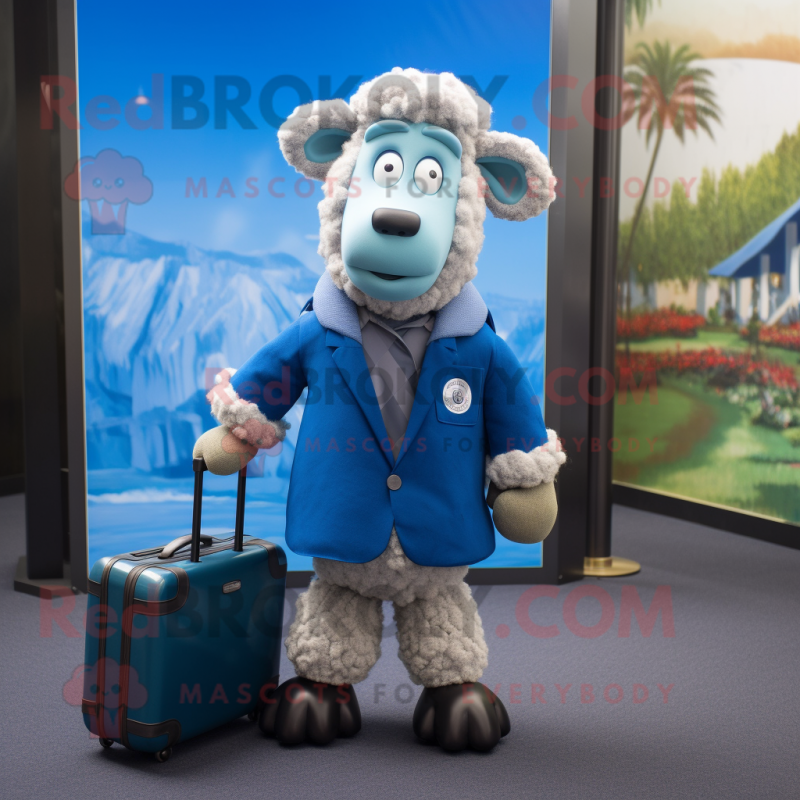 Blue Merino Sheep mascot costume character dressed with a Windbreaker and Briefcases Blue Merino Sheep mascot costume character dressed with a Windbreaker and Briefcases
