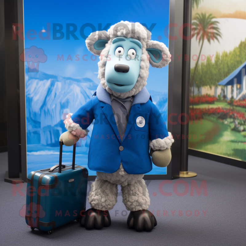 Blue Merino Sheep mascot costume character dressed with a Windbreaker and Briefcases