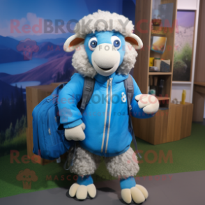 Blue Merino Sheep mascot costume character dressed with a Windbreaker and Briefcases