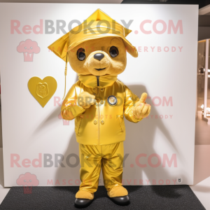 Gold Love Letter mascot costume character dressed with a Windbreaker and Hat pins