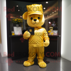 Gold Love Letter mascot costume character dressed with a Windbreaker and Hat pins