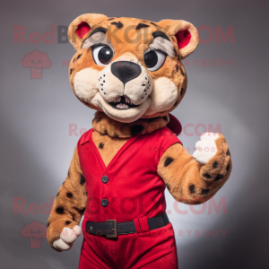 Red Cheetah mascot costume character dressed with a Dungarees and Belts