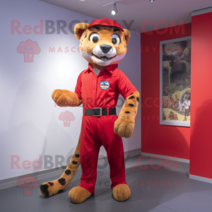 Red Cheetah mascot costume character dressed with a Dungarees and Belts