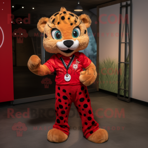 Red Cheetah mascot costume character dressed with a Dungarees and Belts