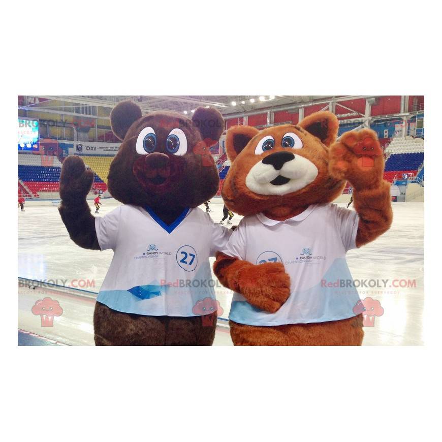 2 maskotar en brun björn och en orange och vit räv -