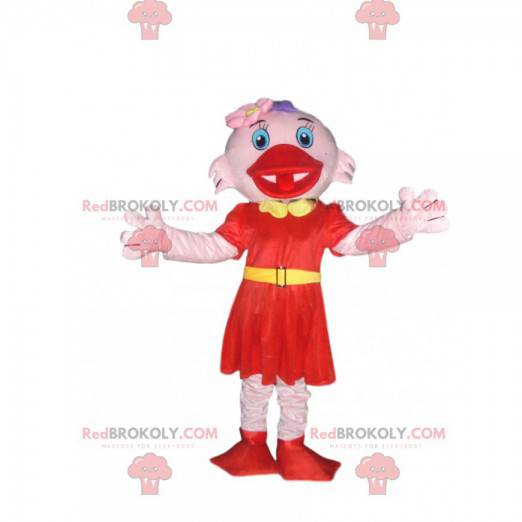 Lyserød stokmaskot med en elegant rød kjole - Redbrokoly.com