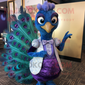 Lavender Peacock mascot costume character dressed with a Vest and Bow ties