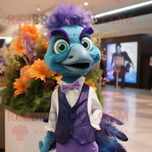 Lavender Peacock mascot costume character dressed with a Vest and Bow ties