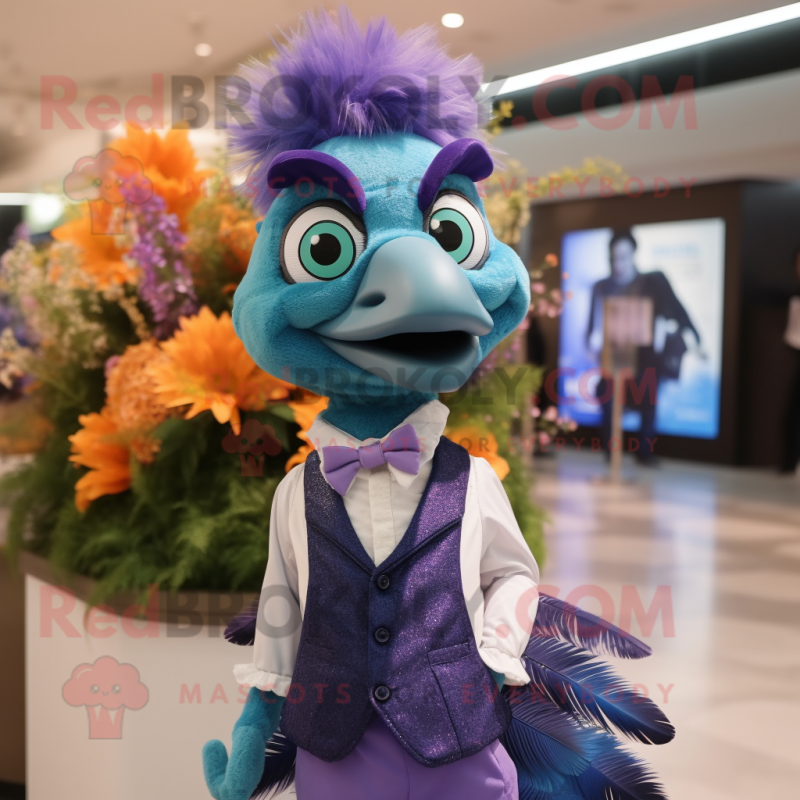 Lavender Peacock mascot costume character dressed with a Vest and Bow ties Lavender Peacock mascot costume character dressed with a Vest and Bow ties