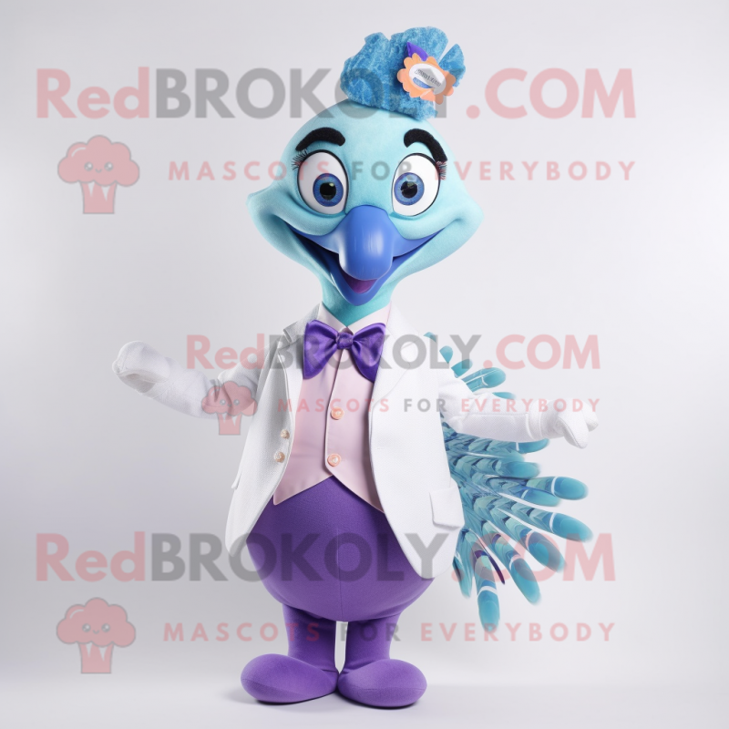 Lavender Peacock mascot costume character dressed with a Vest and Bow ties